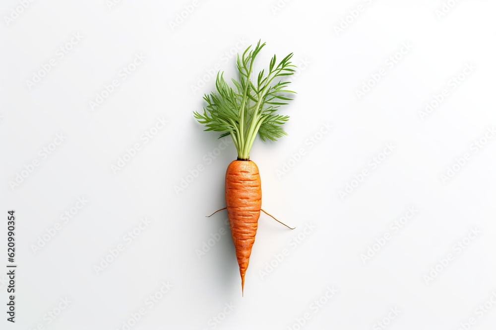 Sticker on a white backdrop, a cutout of a carrot vegetable with leaves is seen. made using generative ai to