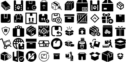 Mega Set Of Package Icons Pack Hand-Drawn Linear Simple Symbol Icon, Distribution, Mark, Optimization Pictograph Isolated On White