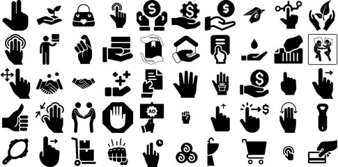 Huge Collection Of Hand Icons Pack Flat Simple Silhouettes Silhouette, Pointer, Health, Drawn Buttons Isolated On Transparent Background - obrazy, fototapety, plakaty