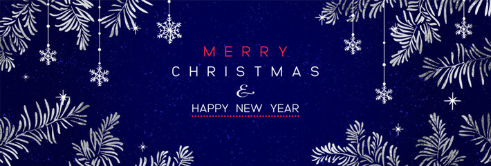 Christmas Poster with silver pine branches on dark blue background. New year illustration. Winter design.