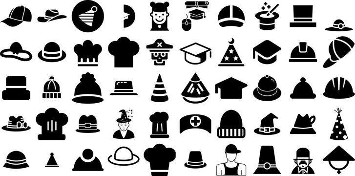 Mega Set Of Hat Icons Collection Hand-Drawn Linear Cartoon Elements Contractor, Toque, Icon, Birthday Elements Isolated On White