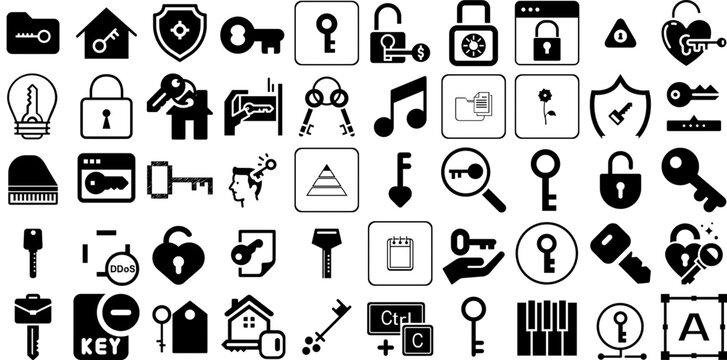Massive Collection Of Key Icons Bundle Solid Cartoon Web Icon Symbol, Icon, Tool, Wheel Symbols Isolated On White