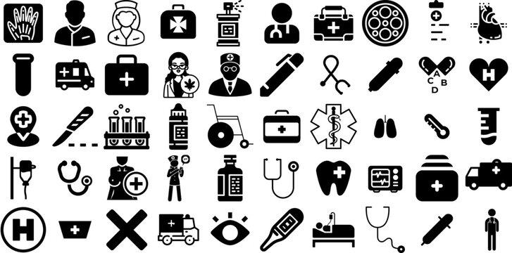 Mega Collection Of Hospital Icons Set Hand-Drawn Solid Infographic Pictograms Symbol, Health, Patient, Icon Element Isolated On White