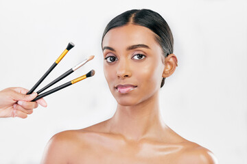 Portrait, woman and makeup brush set for face, cosmetics or aesthetic tools on white background in...