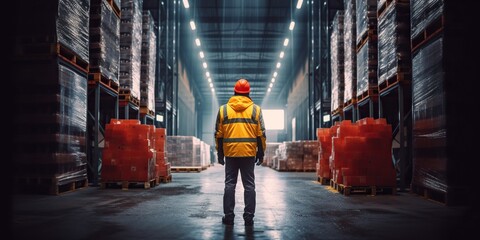 Worker in a high-visibility vest, standing at the entrance of a cavernous warehouse, ready to start their shift, concept of Occupational Safety and Health, created with Generative AI technology