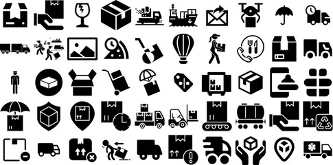 Massive Collection Of Delivery Icons Bundle Hand-Drawn Isolated Vector Signs Rapid, Set, Global, Carousel Silhouette Isolated On Transparent Background