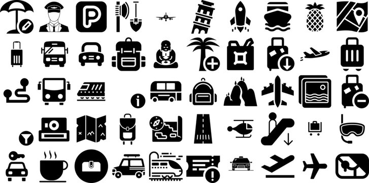 Big Collection Of Travel Icons Collection Hand-Drawn Black Infographic Symbols Yacht, Pointer, Silhouette, Photo Camera Elements Vector Illustration