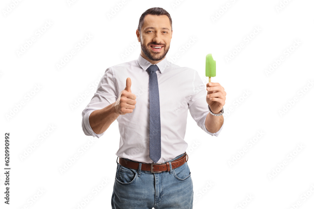 Sticker Young man holding an ice pop and showing thumbs up