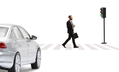 Car waiting at pedestrian and a businessman walking with a briefcase and a takeaway coffee