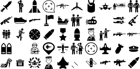 Big Collection Of Army Icons Collection Hand-Drawn Black Simple Pictograms Icon, Earth, Badge, Symbol Illustration Isolated On White Background