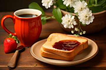 Coffee and bread with strawberry spread