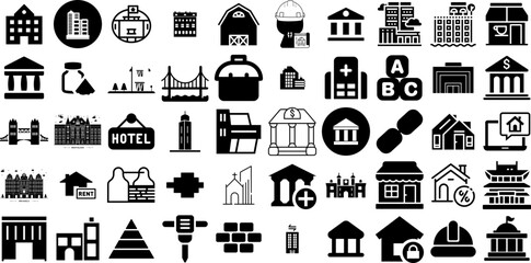 Huge Set Of Building Icons Bundle Solid Drawing Signs Contractor, Heavy, Church, Silhouette Glyphs Isolated On White