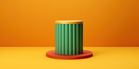 The location for a fictional scenario. The pedestal is formed like a cylinder and has an orange, green, and yellow background. Show a product display or a mockup of a product. a stage platform or