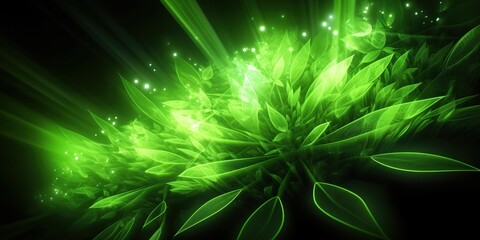 Abstract representation of photosynthesis with bright green chloroplasts colorful light rays, concept of Biological processes, created with Generative AI technology