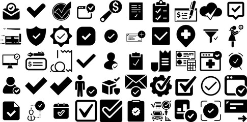 Big Set Of Check Icons Collection Flat Drawing Elements Certified, Drawn, Checkbox, Mark Graphic Vector Illustration