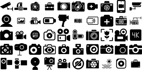Massive Set Of Camera Icons Set Hand-Drawn Isolated Design Elements Photo Camera, Tool, Silhouette, Camcorder Symbol Isolated On Transparent Background