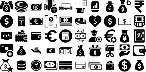 Massive Set Of Cash Icons Collection Hand-Drawn Black Cartoon Glyphs Coin, Icon, Way, Finance Pictograph Isolated On Transparent Background - obrazy, fototapety, plakaty