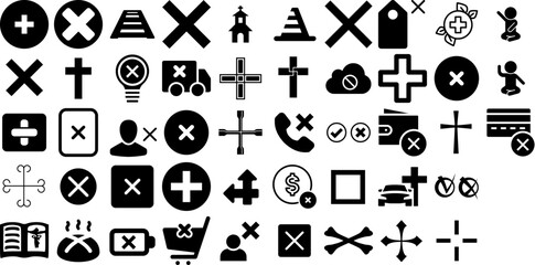 Big Collection Of Cross Icons Pack Black Drawing Silhouettes Symbol, Ok, Health, Icon Silhouette Isolated On Transparent Background
