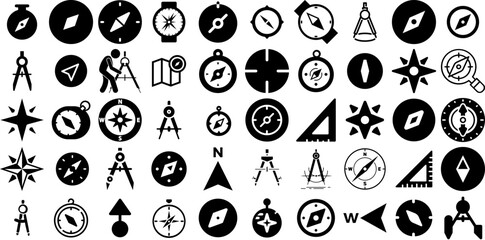 Massive Set Of Compass Icons Pack Hand-Drawn Isolated Drawing Symbols Tool, Symbol, Windrose, Icon Signs Isolated On White Background - obrazy, fototapety, plakaty
