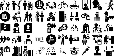 Huge Collection Of Criminal Icons Bundle Hand-Drawn Isolated Modern Silhouette Locked, Justice, Protection, Thieving Graphic Vector Illustration - obrazy, fototapety, plakaty