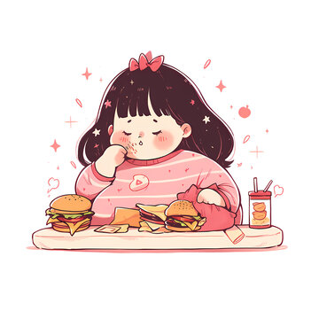 Draw vector illustration clip art design fat girl hungry and eat a junk food on the table, this image can use for pizza, hot dog, doughnut, hamburger, potatoes, fried, french fries and fat, Hand drawn