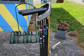 Bicycle route infrastructure in Austria. Public bicycle tools next to Danube Bicycle Route...