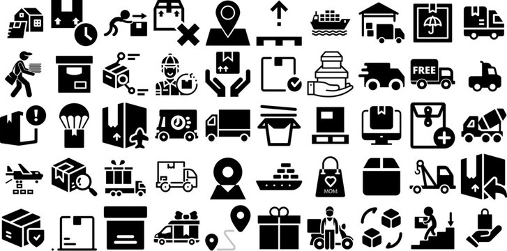 Mega Set Of Delivery Icons Set Hand-Drawn Black Vector Web Icon Rapid, Set, Global, Carousel Pictogram For Computer And Mobile