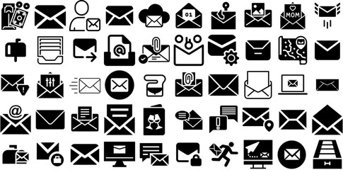 Huge Collection Of Envelope Icons Collection Solid Drawing Silhouettes Glyphs, Open, Icon, Correspondence Symbols Isolated On Transparent Background