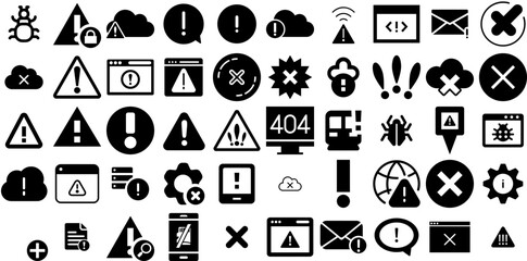 Massive Set Of Error Icons Bundle Hand-Drawn Black Drawing Pictogram Icon, Identification, Bug, Unprotected Elements For Computer And Mobile