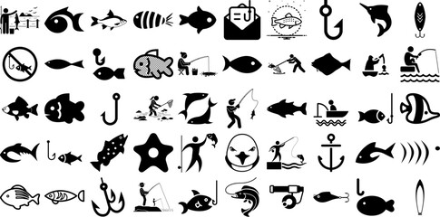 Big Collection Of Fishing Icons Collection Hand-Drawn Linear Modern Symbol Equipment, Catch, Element, Icon Elements Vector Illustration