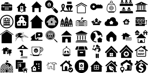 Huge Set Of House Icons Bundle Linear Design Symbols Mark, Roof, Silhouette, Tool Elements Vector Illustration