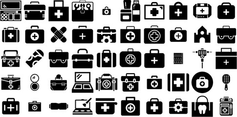 Mega Set Of Kit Icons Collection Solid Concept Glyphs Interface, Bucket, Icon, Cosmetic Silhouette Isolated On Transparent Background