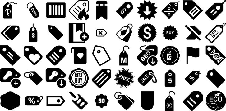 Big Collection Of Label Icons Pack Hand-Drawn Isolated Modern Symbol Navigator, Glistering, Value, Solid Symbol Isolated On Transparent Background