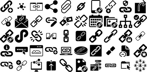 Massive Set Of Link Icons Set Hand-Drawn Linear Cartoon Clip Art Border, Icon, Symbol, Open Silhouette Isolated On White Background