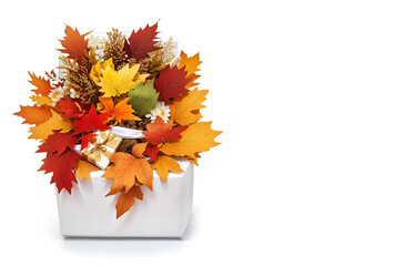 Gift box and decorated with autumn leaves and chic.