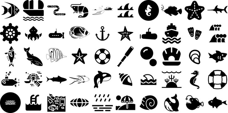Huge Set Of Ocean Icons Set Solid Vector Elements Border, Tortoise, Icon, Fauna Clip Art Isolated On White Background