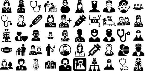 Huge Collection Of Nurse Icons Pack Flat Vector Silhouette Medicals, Midwife, Doctor, Icon Silhouettes Isolated On White Background - obrazy, fototapety, plakaty