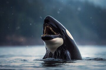 Orca whale with a fish in its mouth, Whale, bokeh Generative AI - obrazy, fototapety, plakaty