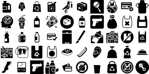 Big Collection Of Plastic Icons Bundle Hand-Drawn Solid Drawing Elements Icon, Symbol, Housecleaning, Carrying Glyphs Isolated On White Background