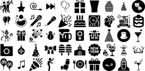 Mega Set Of Party Icons Bundle Hand-Drawn Isolated Vector Silhouettes Icon, Festival, Music, Infographic Glyphs Isolated On Transparent Background