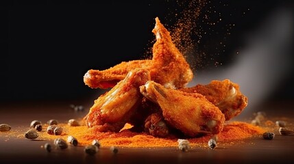 Crispy fried chicken wings with spices on a black background.