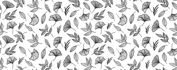 Vector seamless pattern with hand drawing beautiful wild  flowers and exotic leaves, botanical illustration, floral elements, hand drawn repeatable background. Abstract black geometric flowers.