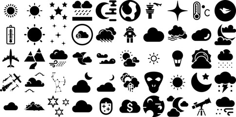Big Collection Of Sky Icons Collection Isolated Simple Signs Yellow, Background, Thermometer, Icon Glyphs Isolated On White Background
