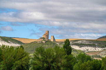 Fototapeta na wymiar photo of the ruins of the old castle of Rojas, Burgos, Spain, on the top of a hill, in the foreground the treetops, at mid-height the hills of white lime and in the background the sky half blue half w