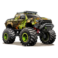Obraz premium Camouflage Monster Truck Sublimation Clipart. Monster Truck Cartoon Style for Kids Clipart PNG Sublimation isolated on Transparent Background.