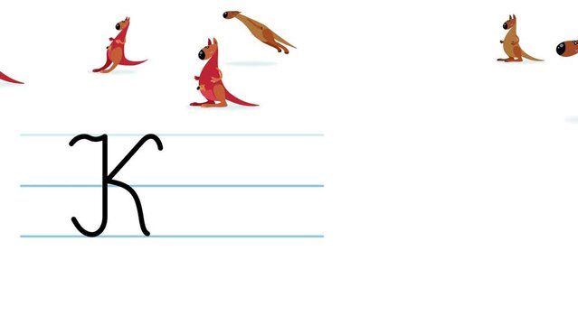 K letter writing like kangaroo cartoon animation. A compatibile part of the alphabet serie. Handwriting educational style for children. Good for education movies, presentation, learning alphabet, etc.