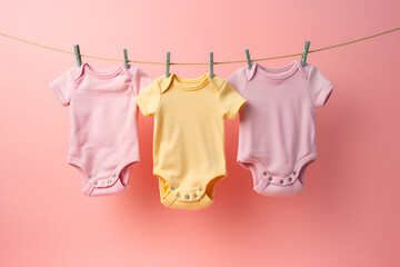 Baby Bodies for Newborn Hanging On Clothespins on a Pink Background: AI Generated Image