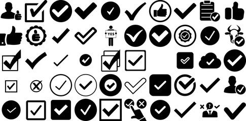 Huge Set Of Yes Icons Pack Hand-Drawn Isolated Vector Symbols Brush, Stroke, Mark, Yes Doodles Isolated On White Background