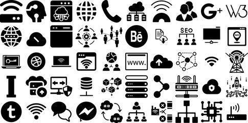 Mega Set Of Network Icons Set Hand-Drawn Linear Cartoon Silhouette Hosting, Bw, People, Silhouette Element Vector Illustration