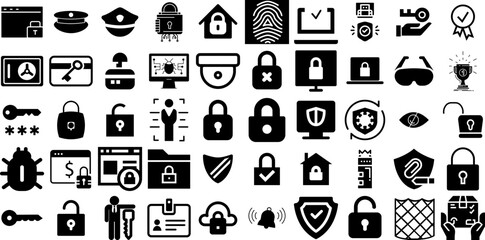 Massive Set Of Security Icons Collection Linear Concept Elements Person, Tool, Mark, Set Pictogram Isolated On White